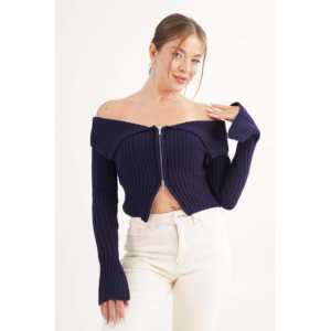 Blouse en tricot bleu marine avec fermeture éclair intégrale et col, style Madonna, design décontracté, vente en gros - Product Image 5