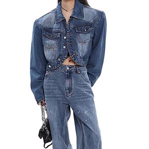 Verano mujer Denim Pu cuero vendaje chaqueta de dos piezas pierna ancha adolescentes primavera Jeans conjunto mujeres Sexy con chaqueta para la industria - Product Image 1