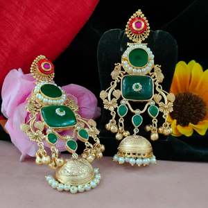 Antique Finish Moissanite Stone Apala Polish Brass <b>Jhumkas</b> For Women Pearls Gleaming Diamonds Brilliance Fashion Drop <b>Earrings</b> - Product Image 1