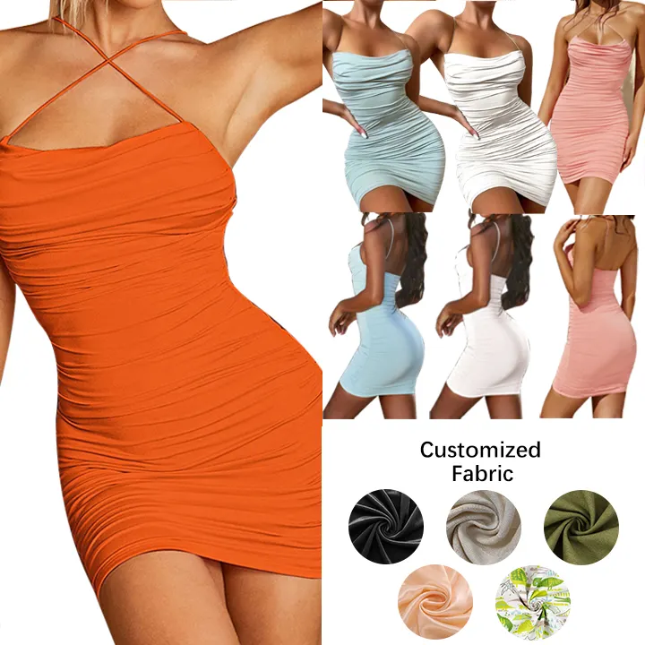 Solid Backless Bodycon Dress Sexy Short Dress backless tight pleated Cross Neck Bag Hip Hot Summer Dresses