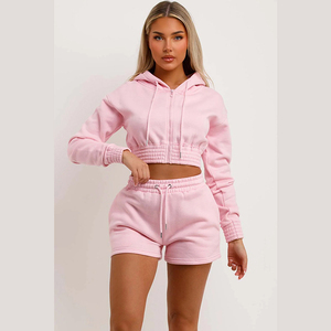 Conjunto de pantalones cortos y Sudadera con capucha recortada informal para mujer 100% algodón patrón sólido logotipo personalizado conjuntos más vendidos - Product Image 3