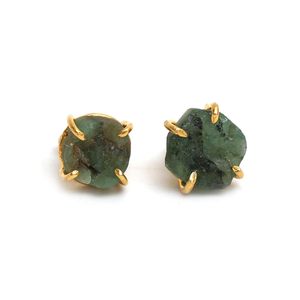8-10mm Raw <b>Emerald</b> Stone Gold Plated Prong Set <b>Stud</b> <b>Earrings</b> Handmade Birthstone Dainty Minimalist Jewelry for Women - Product Image 2
