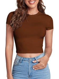 Haut court ajusté pour femmes T-shirts en coton couleur unie teint haut court T-shirts Logo personnalisé pour femmes T-shirt ajusté - Product Image 4