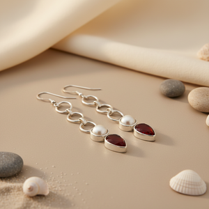 Boucles d'oreilles pendantes en argent 925 avec perle d'eau douce pour femmes, plaqué or vintage, motif floral émeraude en pierre précieuse rouge, élégantes gouttes d'eau - Product Image 1