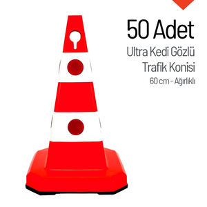 60cm Rubber Waterproof Cat's Eye Roadway Safety Traffic Cones with 50-Piece Set & Weights - Product Image 1