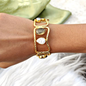 Designer adjustable cuff <b>bracelet</b> natural stone labradorite with dendritic <b>opal</b> textured <b>bracelet</b> 18k gold plated wide band cuff - Product Image 6