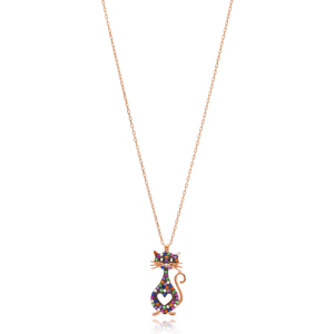 Chat et coeur rond coupe coloré CZ pierre pendentif à breloque turc fait à la main 925 bijoux en argent Sterling - Product Image 1