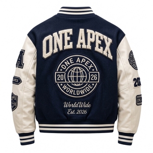 Custom ONEAPEX International Navy Blue White Varsity Letterman <b>Baseball</b> Chenille <b>Jacket</b> Wool Leather Sleeve Hooded OEM ODM - Product Image 2