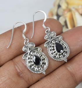 Boucles d'oreilles Onyx noir 925 argent Sterling pierres précieuses crochet boucle d'oreille juillet pierre de naissance Marquise forme bijoux faits à la main cadeau pour noël - Product Image 2