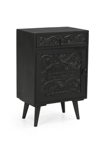 Table de chevet en bois massif avec incrustations bohèmes - Table d'appoint en bois de manguier artisanal avec motifs tribaux géométriques pour la décoration de la chambre - Product Image 2