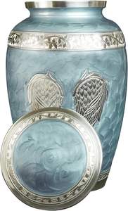 Urne funéraire personnalisée gravée ailes d'ange avec souvenir et sac en velours assortis (grand bleu ciel) - Product Image 2