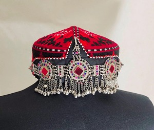 Authentic Afghan Geometric Pattern <b>Hat</b> In Red And Black Embroidery Featuring Triple Medallion Silver Chain Fringe Traditional - Product Image 2