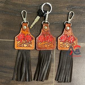 New Real Handcrafted Genuine Color Tooled <b>Leather</b> Cute Charming Tassel Keyrings Hot Sale Western Style Modern Floral <b>Key</b> <b>Fobs</b> - Product Image 1