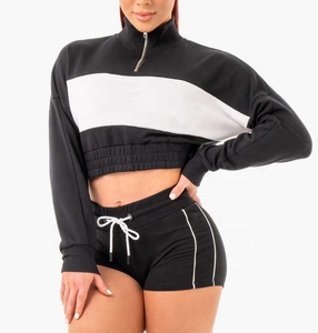 Femmes Casual Bleu Rib Zip Front Long Sleeve Crop Tops Design Sweater Zip Hoodie - Product Image 5