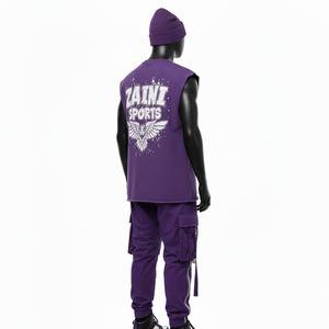 Ensemble 2 pièces haut et pantalon cargo pour homme, en mélange coton polyester 260 GSM, violet, avec impression personnalisée du logo. - Product Image 5