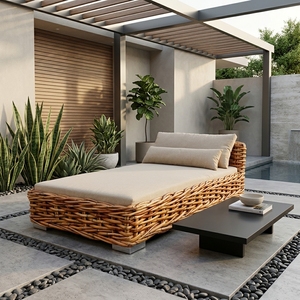 Natural <b>Rattan</b> Woven Sun Lounger Mahogany Frame Daphnie Cushion Pool <b>Daybed</b> Outdoor Deck Chair Setup Decor Art Pure Design - Product Image 2