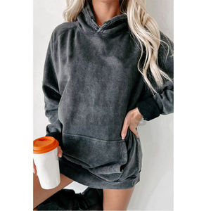 Sudadera con capucha de gran tamaño para mujer en lavado ácido gris acogedor suave manga larga pulóver sudadera streetwear hombro caído - Product Image 1