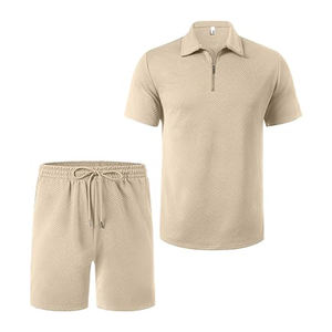 <b>Men's</b> Breathable Light Khaki Athletic Jogging Sports Outfits Casual 2-Piece Quarter Zip <b>Polo</b> <b>Shirt</b> Shorts Set Tracksuit - Product Image 4