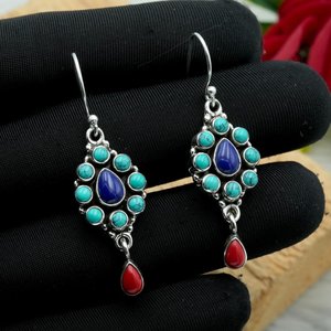 Pendientes Colgantes Hechos a Mano con Turquesa, Coral y Lapislázuli, Plata de Ley 925, con Múltiples Piedras, Regalo de Moda - Product Image 2