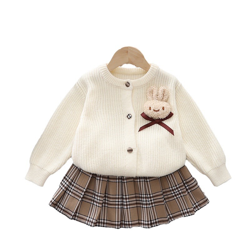 Girls' Casual Spring Set New Year Princess Dress with Cute Doll Rabbit Jewelry Red Checkered Knitted Sweater Skirt Two-Piece Set