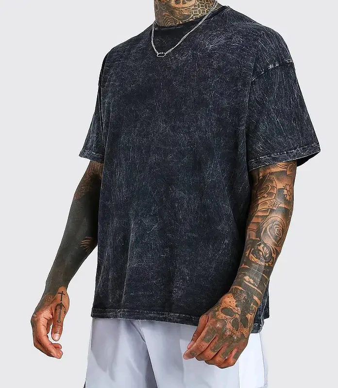 कस्टम पुरुषों के कपड़े एसिड वॉश टी शर्ट 200 ग्राम 100 कॉटन कस्टम लोगो स्क्रीन मुद्रित सादा ब्लैंक एसिड वॉश टीशर्ट