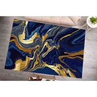 Marineblauer Marmor-Wollteppich mit Goldschimmer-Patchwork, Umweltfreundlich, Traditionell, Mittlere Dicke, Latex-Rückseite
