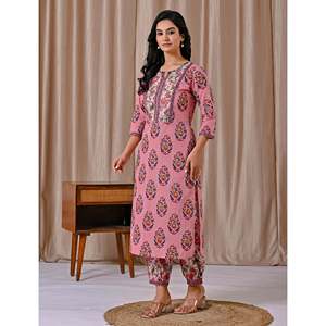 ชุดคุर्ตาอัฟกานีสีชมพูพิมพ์ลายบล็อกทรงตรงสไตล์ลำลองสำหรับฤดูใบไม้ผลิ/ฤดูร้อน เสื้อแขนสามส่วน - Product Image 5