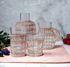 Natural Rattan Cups Sleeve Seagrass Wood Cup Covers <b>Mug</b> <b>Holder</b> Weaving Bottle Cover Rattan Woven Design Jug Cover Set of 4 - Product Image 3