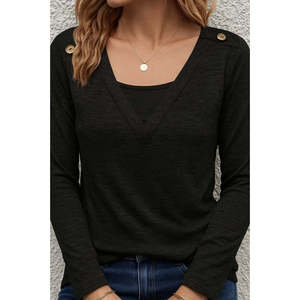 Blusa de felpa con detalle de botones y cuello en V de manga larga para mujer, 28456 - Negro - Product Image 2