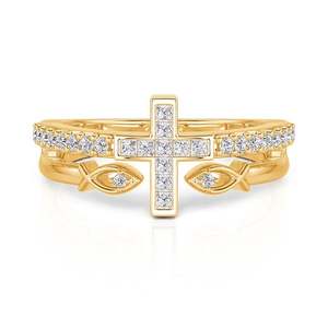 Jeulia Everyday Double Row Golden Fish and Cross Fashion <b>Ring</b> - Product Image 1