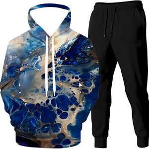 Sudadera con Capucha y Pantalones Deportivos con Estampado de Arte Fluido Azul Abstracto, Sublimación, Ropa Casual Cómoda, Ropa de Calle Moderna para Hombre y Mujer - Product Image 1