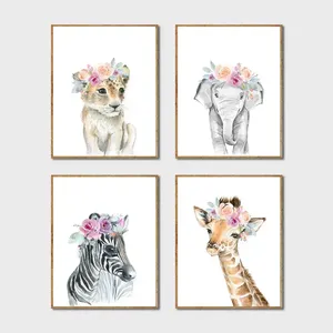 Peinture sur toile décorative florale avec cadre doré, représentant des animaux - Product Image 1