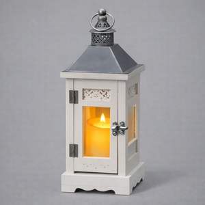 Elegant White and <b>Grey</b> Metal <b>Candle</b> Lantern with Glass Panels Warm LED Glow Indoor Outdoor Decorative Accent Gift - Product Image 1
