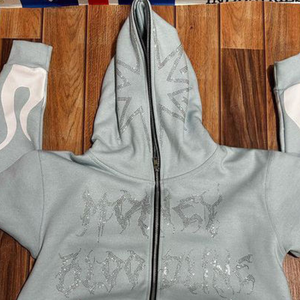 Nouveau fabricant Logo personnalisé en détresse broderie soleil délavé Vintage Hoddie ensemble coton pleine fermeture éclair acide lavé strass à capuche - Product Image 2