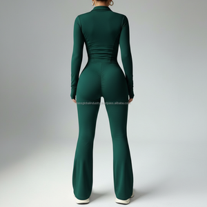 ชุดจั๊มสูทโยคะแขนยาวแบบสั่งทำ OEM สำหรับผู้หญิง ซิปยาวด้านหน้า ขาบาน ชุดบอดี้สูทแบบมีรูสำหรับนิ้วโป้ง ชุดรอมเปอร์ออกกำลังกาย ทรงเข้ารูป ชุดออกกำลังกายแบบเต็มตัว - Product Image 2