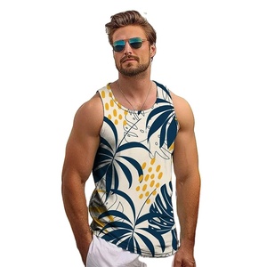 Camisetas sin mangas con estampado de hojas tropicales 3D para hombre, moda vintage de verano, ropa de calle, chaleco de ocio de cuello redondo suelto de viaje diario para hombre - Product Image 5
