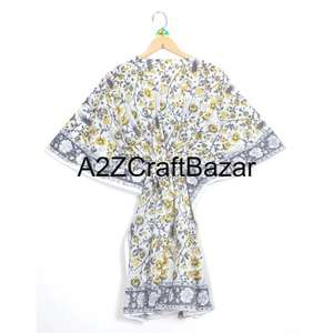 Mini Kaftán Hecho a Mano con Estampado Floral, Algodón Ecológico Lavable, Ropa de Dormir Natural, Kimono, Vestido, Pareo Corto para Playa - Product Image 2
