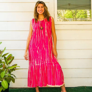 Vestido Maxi con Cuello en V y Estampado Tie-Dye, Diseño Moderno, Multicolor, Estilo Lindo, Sin Mangas, Cintura Natural, Corte en A, de Rayón - Product Image 1