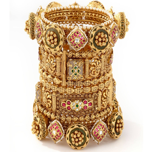 <b>Antique</b> <b>gold</b> brass <b>bangles</b> with intricate floral carvings and colorful stones. Available at wholesale prices. - Product Image 5