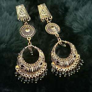Tip <b>Top</b> Fashions Antique Gold Plated Dangler <b>Earrings</b> 1313505C Black Beads Fine Hoop Design - Product Image 1