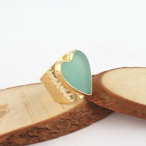 Lovable heart shape ring aqua chalcedony big size heart wide band adjustable ring solid brass gold plated hammered band rings