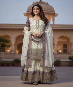 Conjunto de Top y Pantalón Plazzo con Dupatta, Diseño de Dos Tonos, Georgette con Bordado Intenso, para Mujer, Ropa de Fiesta - Product Image 1