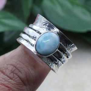 Anillo de Larimar de corte ovalado clásico de Plata de Ley 925 hecho a mano, piedras preciosas naturales, compromiso, aniversario, boda, bisel, anillos finos - Product Image 1