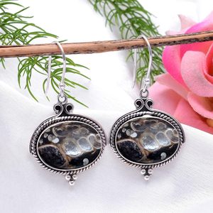 Turritella ágata pendientes de piedras preciosas 925 plata esterlina sólida pendientes de forma ovalada para mujeres niñas pendientes colgantes joyería - Product Image 3