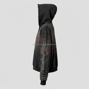 Sudadera con cremallera para mujer 320 GSM algodón polar Vintage lavado llama manga Rhinestone logotipo personalizado Puff estampado básico sudaderas con capucha - Product Image 3