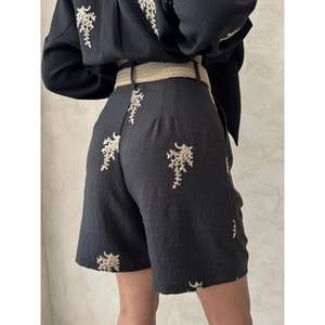 Women's Linen <b>Shorts</b> with <b>Belt</b> Detail and Embroidered Design - Product Image 2