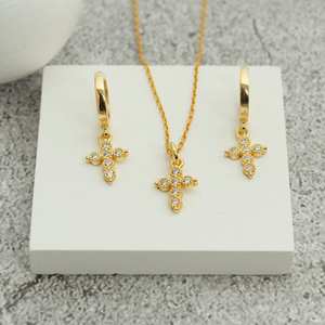 Dainty Mini Pave Cross Zircon collar conjunto para mujer delicado aro joyería regalo para su aniversario 925 Plata - Product Image 1