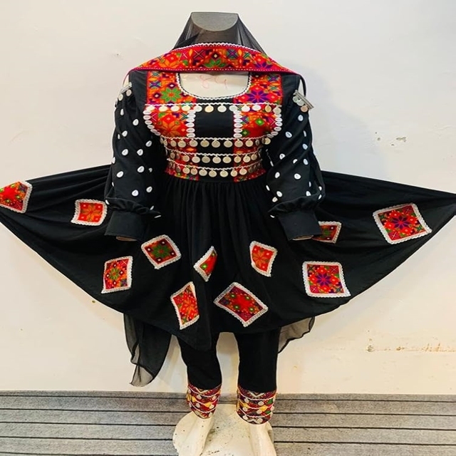 black afghani dress Red Gold Brocade Horse Face Skirt Set