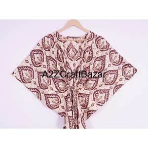 Robe Kaftan en Coton Multicolore à Motifs Floraux pour Femmes, Robe de Plage Courte, Décoration à Pompons, Ourlet Évasé, Coupe Moderne pour l'Été et l'Automne - Product Image 2