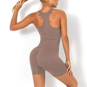 Ensemble de yoga réversible sexy en gros soutien-gorge rembourré à manches courtes short de levage de fesses vêtements de fitness deux pièces solides de grande taille - Product Image 5